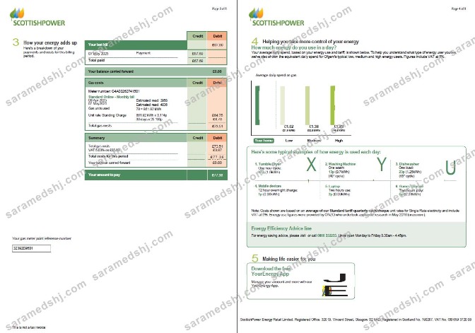 Scotland Scottish Power utility bill template in Word and PDF formats, 6 pages, 3-4 pages